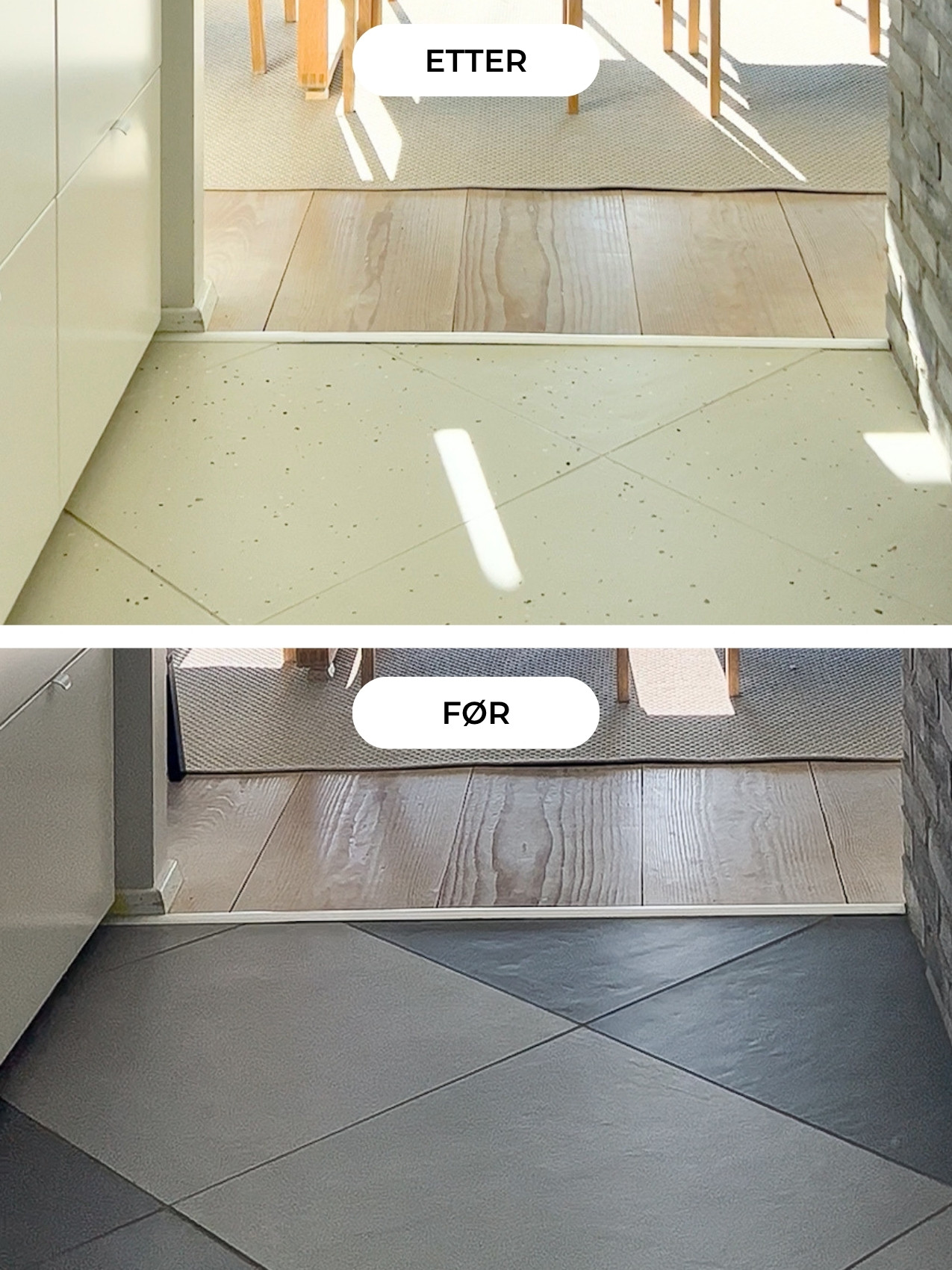 Før og etter gulv med terrazzo flakes